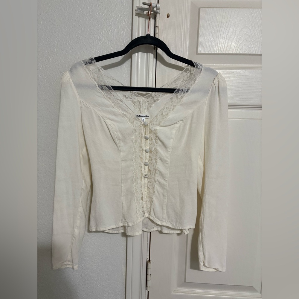 Reformation Nadene Top Ivory Lace Trim Blouse Viscose - Picture 6 of 15